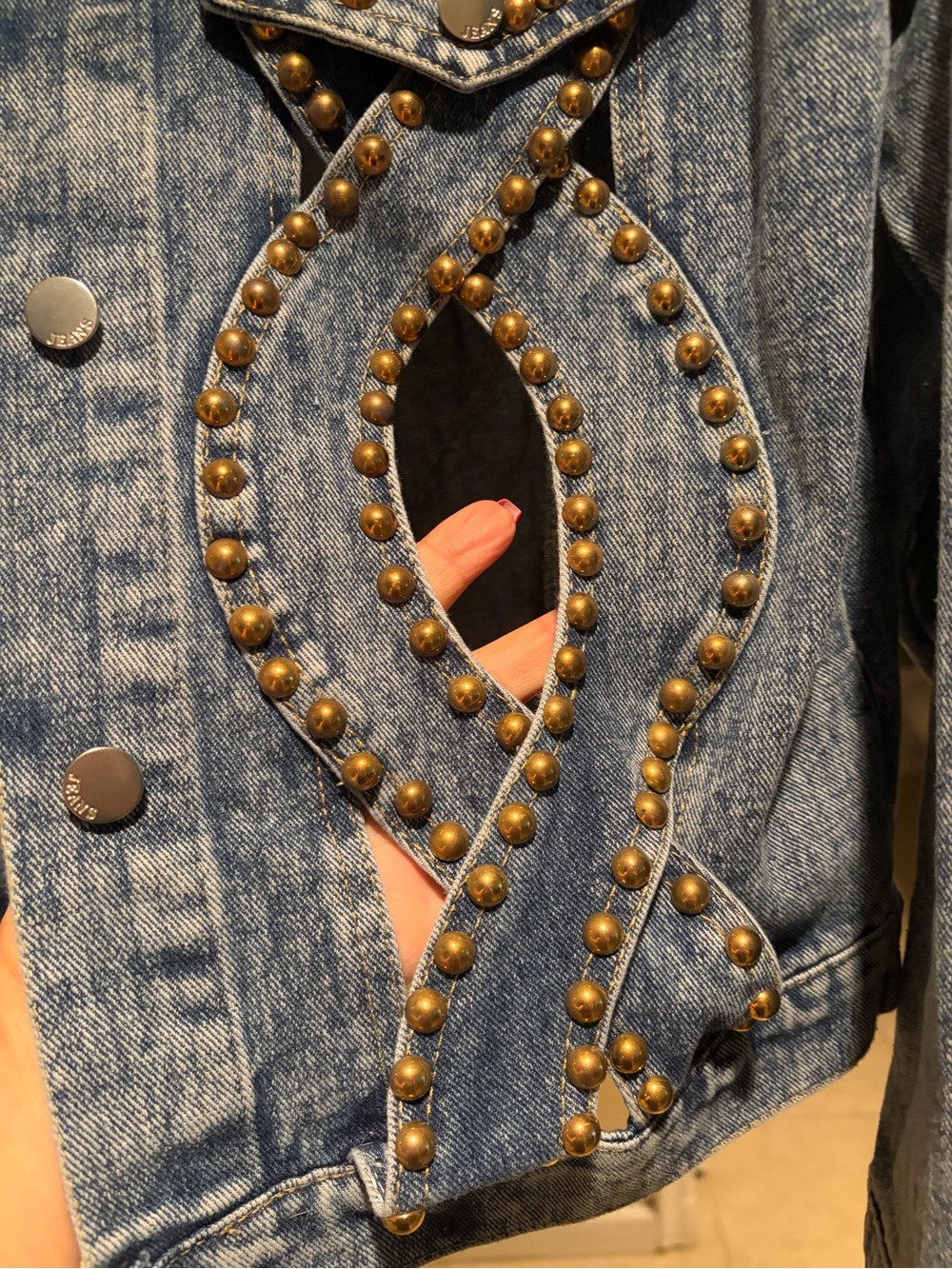 Pastels Blue Denim Jacket with Multicolor Gem Accents Size L - Picture 4 of 8